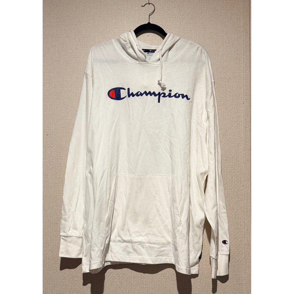 Champion Mens White Script Logo Long Sleeve Hooded T-Shirt 2XL Light Hoodie